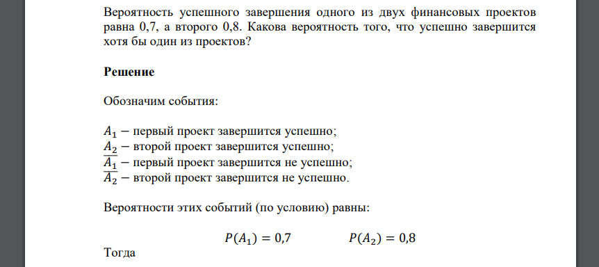 Вероятность успешного завершения одного из двух финансовых проектов равна