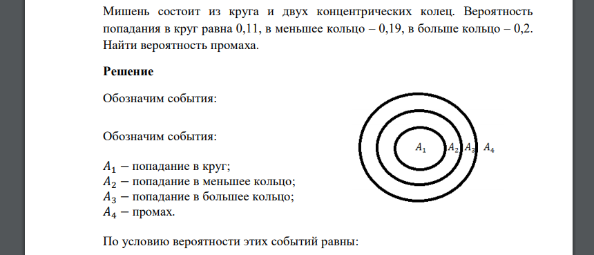 Мишень состоит из круга и двух концентрических колец. Вероятность попадания в круг равна 0,11, в меньшее кольцо – 0,19, в больше кольцо