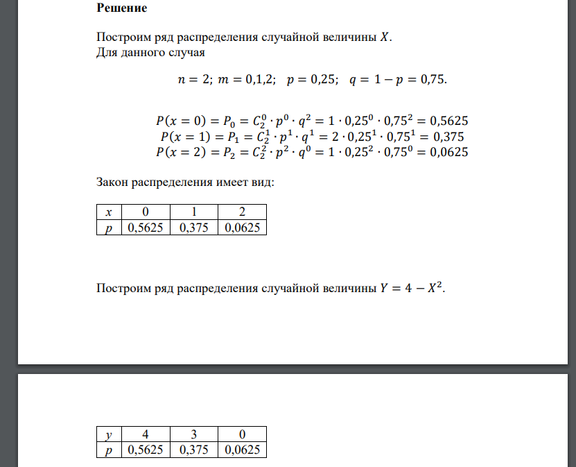 Известно, что случайная величина 𝑋~𝐵𝑖(2; 0,25). Постройте ряд распределения случайной величины 𝑌 = 4 − 𝑋 2 . Найдите