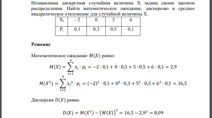 Независимая дискретная случайная величина Х задана своим законом распределения. Найти математическое ожидание, дисперсию и среднее квадратическое отклонение