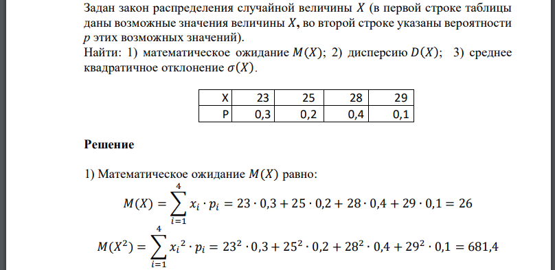 Задан закон распределения случайной величины 𝑋 (в первой строке таблицы даны возможные значения величины 𝑋, во второй строке указаны вероятности этих возможных значений).