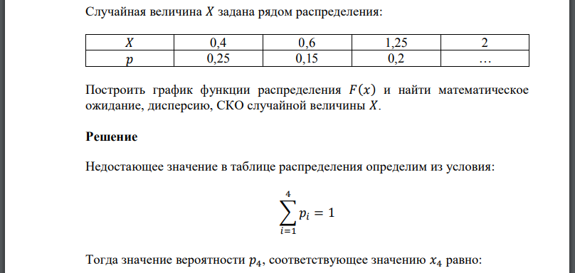 Случайная величина 𝑋 задана рядом распределения:  Построить график функции распределения 𝐹(𝑥) и найти математическое