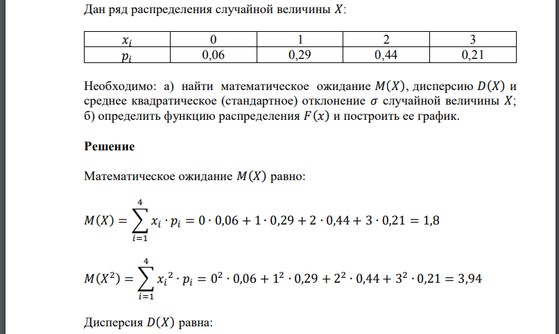 Дан ряд распределения случайной величины 𝑋:  Необходимо: а) найти математическое ожидание 𝑀(𝑋), дисперсию 𝐷(𝑋) и среднее квадратическое