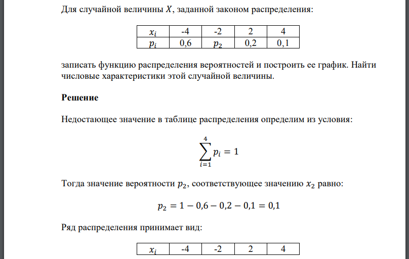 Для случайной величины 𝑋, заданной законом распределения: записать функцию распределения вероятностей и построить ее график.