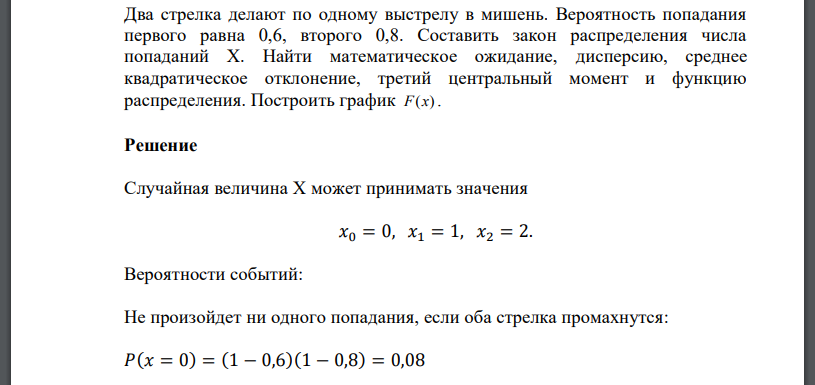 Два стрелка делают по одному выстрелу в мишень. Вероятность попадания первого равна 0,6, второго 0,8. Составить закон распределения