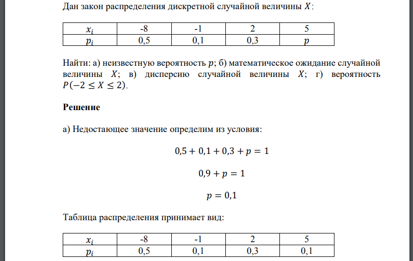 Дан закон распределения дискретной случайной величины 𝑋: Найти: а) неизвестную вероятность  б) математическое ожидание случайной