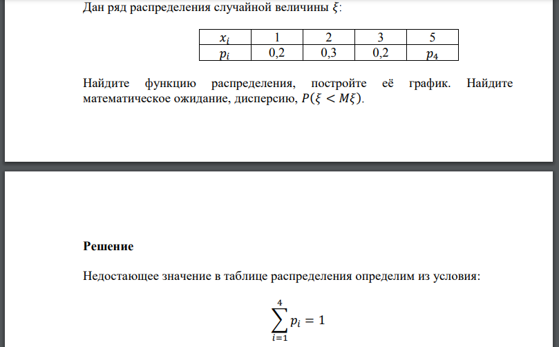 Дан ряд распределения случайной величины Найдите функцию распределения, постройте её график. Найдите