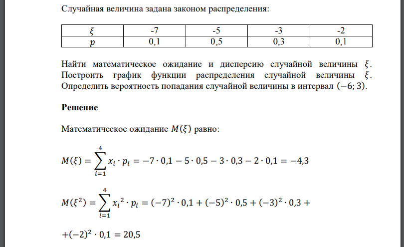 Случайная величина задана законом распределения: Найти математическое ожидание и дисперсию случайной величины Построить график функции распределения случайной величины