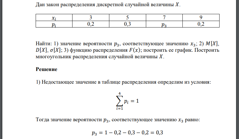 Дан закон распределения дискретной случайной величины 𝑋. Найти: 1) значение вероятности соответствующее значению функцию распределения  построить ее график. Построить