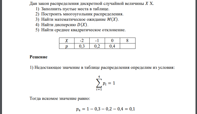 Дан закон распределения дискретной случайной величины 𝑋 Х. 1) Заполнить пустые места в таблице. 2) Построить многоугольник