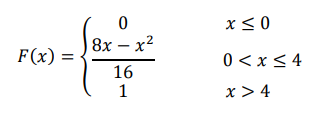 Непрерывная случайная величина 𝜉 задана интегральной функцией распределения 𝐹(𝑥) = { 0 𝑥 ≤ 0 8𝑥 − 𝑥 2 16 0 < 𝑥 ≤ 4 1 𝑥 > 4 Найти плотность 𝑓(𝑥), 𝑀𝜉, 𝐷𝜉, 𝑃(2 < 𝜉 < 7). Постройте графики