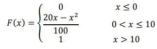 Непрерывная случайная величина 𝜉 задана интегральной функцией распределения 𝐹(𝑥) = { 0 𝑥 ≤ 0 20𝑥 − 𝑥 2 100 0 < 𝑥 ≤ 10 1 𝑥 > 10 Найти плотность 𝑓(𝑥), 𝑀𝜉, 𝐷𝜉, 𝑃(5 < 𝜉 < 18). Постройте гр