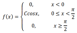 Случайная величина 𝑋 задана своей плотностью распределения: 𝑓(𝑥) = { 0, 𝑥 < 0 𝐶𝑐𝑜𝑠𝑥, 0 ≤ 𝑥 < 𝜋 2 0, 𝑥 ≥ 𝜋 2 Найти параметр 𝐶, функцию распределения случайной