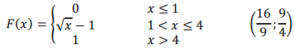 Случайная величина 𝑋 задана функцией распределения 𝐹(𝑥). Вычислить вероятность попадания случайной величины 𝑋 в заданный интервал. 𝐹(𝑥) = { 0 𝑥 ≤ 1 √𝑥 − 1 1 < 𝑥 ≤ 4 1 𝑥 > 4 ( 16 9 ; 9 4 )