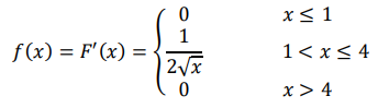 Непрерывная случайная величина задана своей функцией распределения 𝐹(𝑥). Построить графики функции и плотности распределения. 𝐹(𝑥) = { 0 𝑥 ≤ 1 √𝑥 − 1 1 < 𝑥 ≤ 4 1 𝑥 > 4