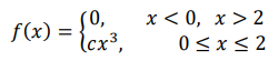 Случайная величина 𝑋 задана плотностью вероятности 𝑓(𝑥) = { 0, 𝑥 < 0, 𝑥 > 2 𝑐𝑥 3 , 0 ≤ 𝑥 ≤ 2 Определить константу 𝑐, математическое ожидание, дисперсию