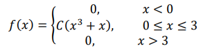 Непрерывная СВ задана дифференциальной функцией: 𝑓(𝑥) = { 0, 𝑥 < 0 𝐶(𝑥 3 + 𝑥), 0 ≤ 𝑥 ≤ 3 0, 𝑥 > 3 Найти: коэффициент 𝐶; интегральную функцию распределения; построить 𝐹(𝑥) и 𝑓(𝑥); найти