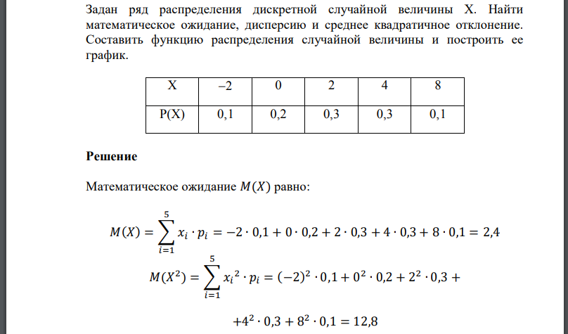 Задан ряд распределения дискретной случайной величины X. Найти математическое ожидание, дисперсию и среднее квадратичное отклонение.