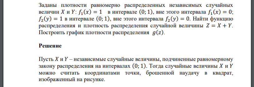 Заданы плотности равномерно распределенных независимых случайных величин 𝑋 и 𝑌: 𝑓1 (𝑥) = 1 в интервале (0; 1), вне этого интервала