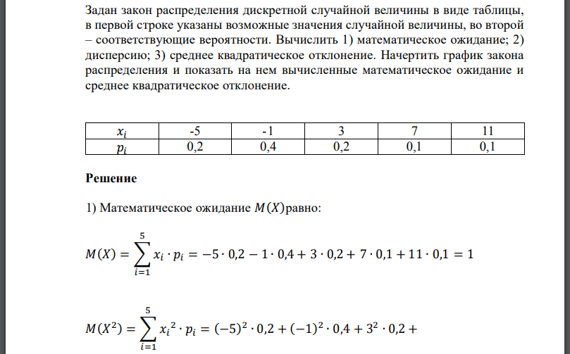 Задан закон распределения дискретной случайной величины в виде таблицы, в первой строке указаны