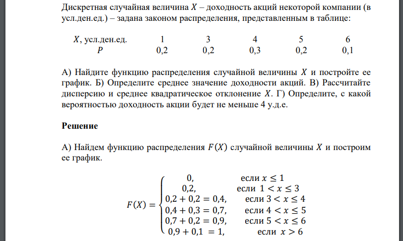 Дискретная случайная величина – доходность акций некоторой компании (в усл.ден.ед.) – задана законом распределения