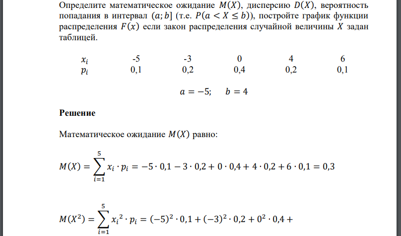 Определите математическое ожидание дисперсию вероятность попадания в интервал постройте график функции распределения