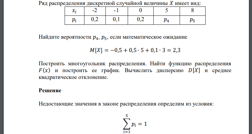 Ряд распределения дискретной случайной величины 𝑋 имеет вид: Найдите вероятности если математическое