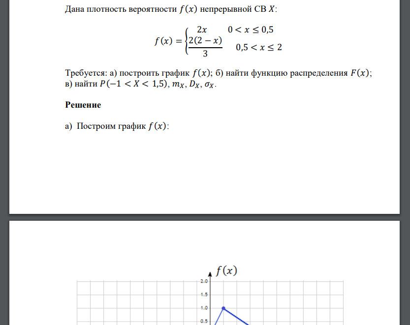 Дана плотность вероятности 𝑓(𝑥) непрерывной СВ 𝑋: 𝑓(𝑥) = { 2𝑥 0 < 𝑥 ≤ 0,5 2(2 − 𝑥) 3 0,5 < 𝑥 ≤ 2 Требуется: а) построить граф