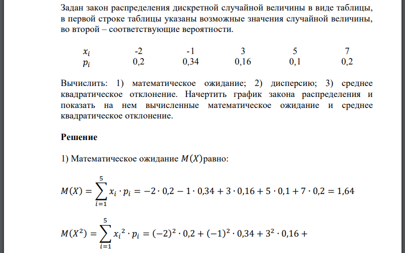 Задан закон распределения дискретной случайной величины в виде таблицы, в первой строке таблицы указаны возможные