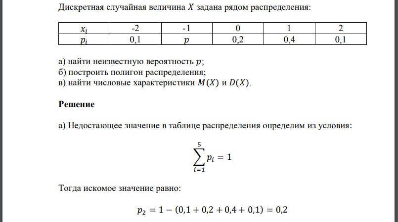 Дискретная случайная величина 𝑋 задана рядом распределения: а) найти неизвестную вероятность б) построить полигон распределения