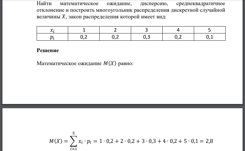 Найти математическое ожидание, дисперсию, среднеквадратичное отклонение и построить многоугольник распределения дискретной случайной величины