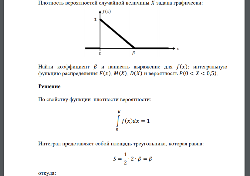 Плотность вероятностей случайной величины 𝑋 задана графически: Найти коэффициент 𝛽 и написать выражени