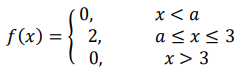 Плотность распределения случайной величины Х 𝑓(𝑥) = { 0, 𝑥 < 𝑎 2, 𝑎 ≤ 𝑥 ≤ 3 0, 𝑥 > 3 Найти: а) неизвестный параметра a; б) интегральную функции F(x); в) характеристики случайной величины