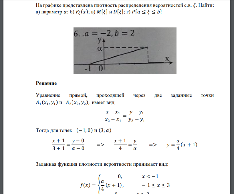 На графике представлена плотность распределения вероятностей с.в. 𝜉. Найти: а) параметр 𝛼; б) 𝐹𝜉 (𝑥); в) 𝑀[𝜉] и 𝐷[𝜉]; г) 𝑃