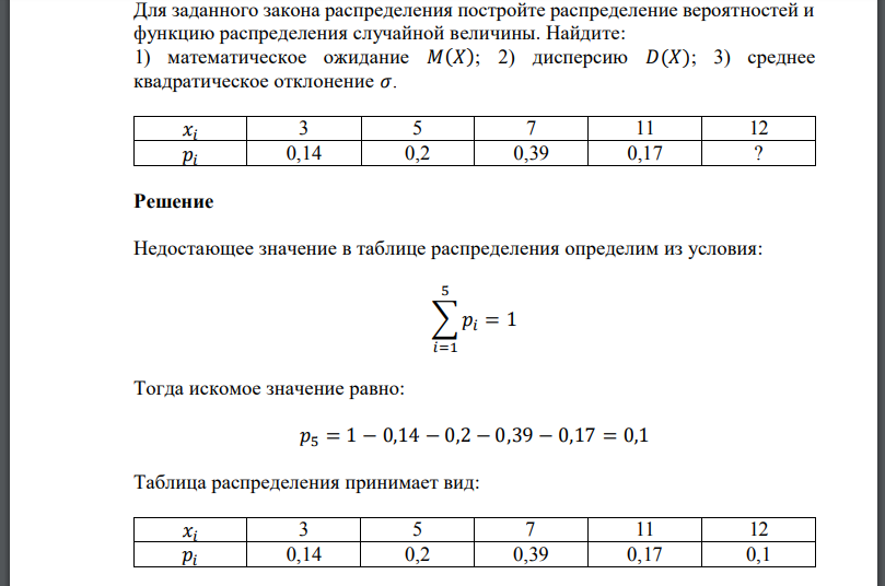 Для заданного закона распределения постройте распределение вероятностей и функцию распределения случайной величины. Найдите