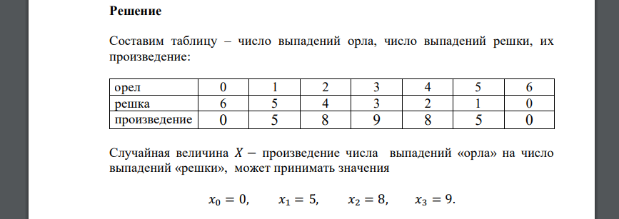 Монета подбрасывается шесть раз. Х - произведение числа выпадений «орла» на число выпадений «решки». Требуется для дискретной