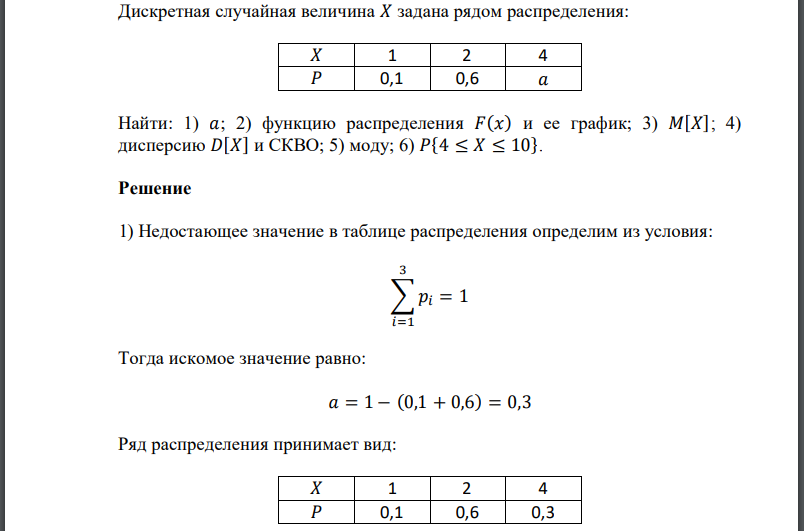 Дискретная случайная величина 𝑋 задана рядом распределения:  Найти:  2) функцию распределения и ее график