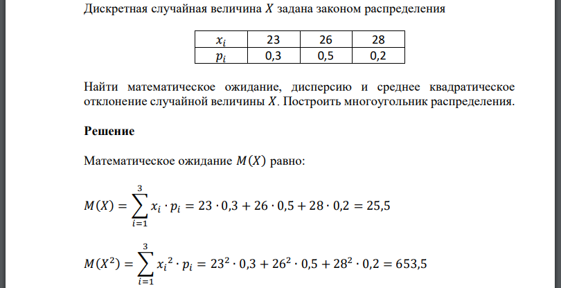 Дискретная случайная величина задана законом распределения Найти математическое ожидание, дисперсию и среднее