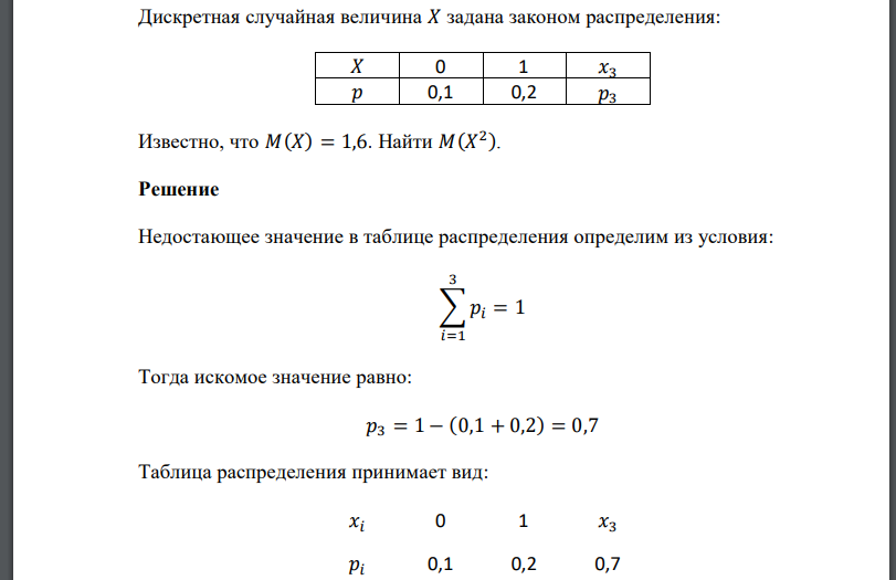 Дискретная случайная величина 𝑋 задана законом распределения: Известно, что  Найти