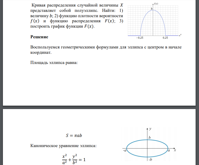 Кривая распределения случайной величины 𝑋 представляет собой полуэллипс. Найти: 1) величину 𝑏; 2) функци