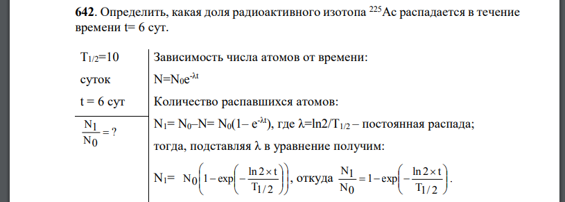 Определить, какая доля радиоактивного изотопа 225Aс распадается в течение времени t= 6 сут.