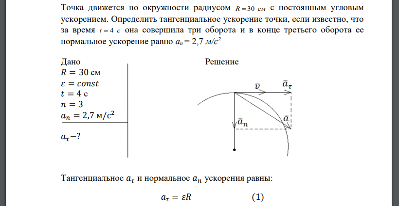 Точка движется по окружности радиусом R c  30 м с постоянным угловым ускорением. Определить тангенциальное ускорение точки, если известно, что