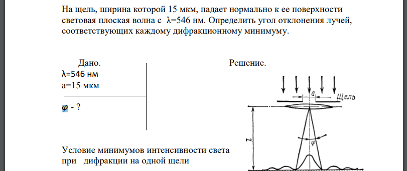 На щель, ширина которой 15 мкм, падает нормально к ее поверхности световая плоская волна с λ=546 нм. Определить угол