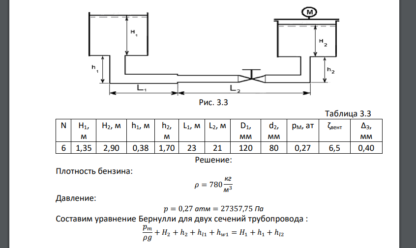 Бензин при 20°С подается из правого закрытого бака, давление в котором определяется манометром М в левый открытый бак (рис. 3.3). Глубина