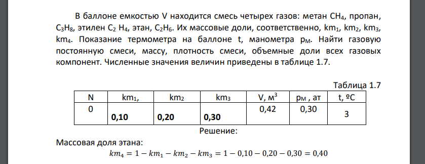 В баллоне емкостью V находится смесь четырех газов: метан CH4, пропан, С3Н8, этилен С2 Н4, этан, С2Н6. Их массовые доли,