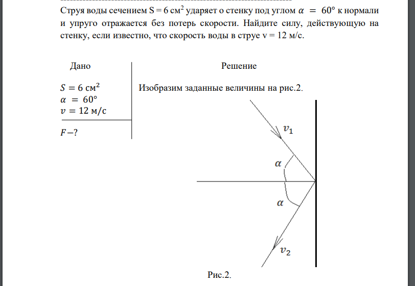 Струя воды сечением S = 6 см2 ударяет о стенку под углом 𝛼 = 60° к нормали и упруго отражается без потерь скорости. Найдите силу