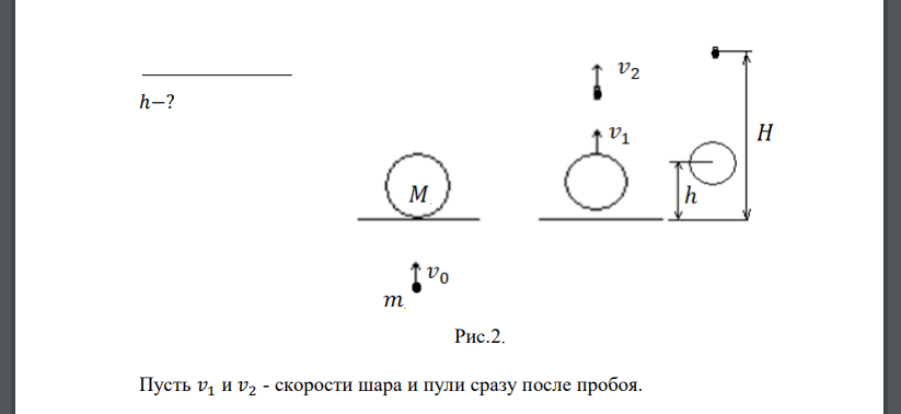 Пластмассовый шар массой М лежит на подставке с отверстием. Снизу в шар через отверстие попадает вертикально летящая