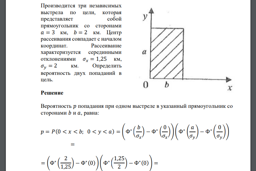 Производится три независимых выстрела по цели, которая представляет собой прямоугольник со сторонами 𝑎 = 3 км, 𝑏 = 2 км. Центр рассеивания совпадает с