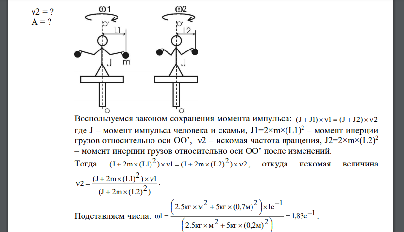 На скамье Жуковского сидит человек и держит на вытянутых руках гири массой m=5 кг каждая. Расстояние от каждой гири до оси скамьи