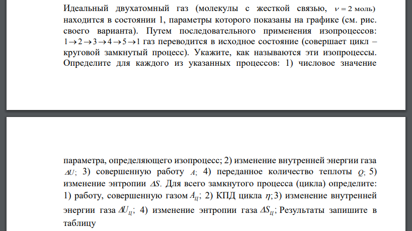 Идеальный двухатомный газ (молекулы с жесткой связью,   2 моль) находится в состоянии 1, параметры которого показаны